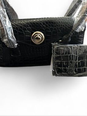 Black Croc-Embossed Shoulder Bag with Turn-Lock & Matching Wallet